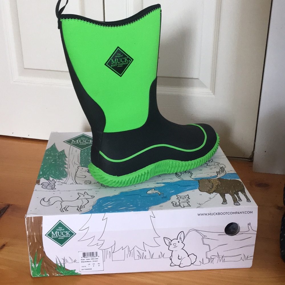 Black and neon green Muck boots